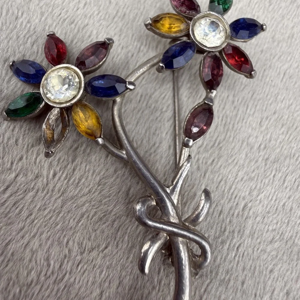 Vintage Estate Brooch Silver Tone Rhinestone Flower Multicolor Marquise